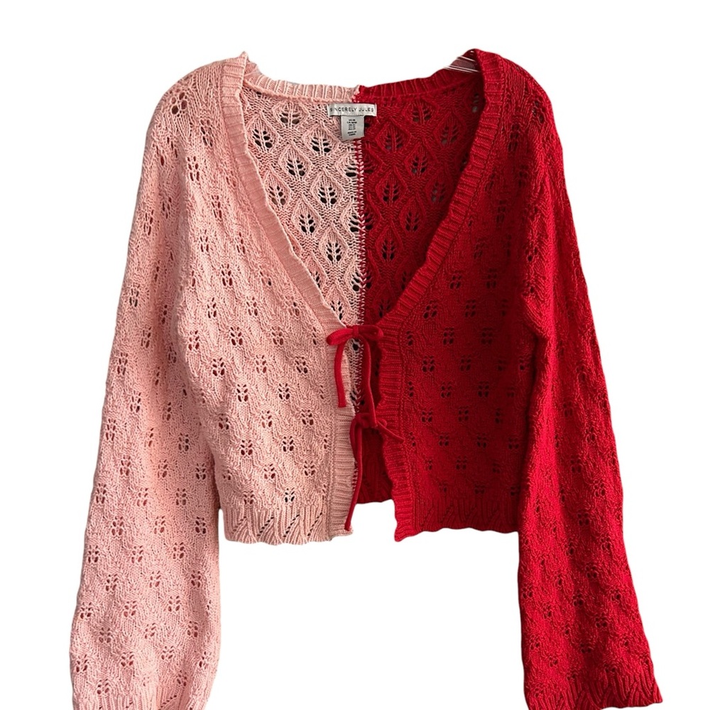 Sincerely Jules color block two tone lace knit crop cardigan pink & red M - Picture 8 of 8
